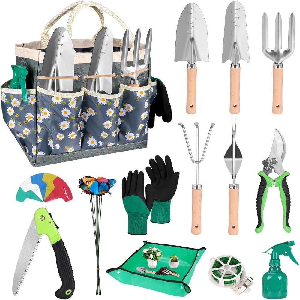Gardening Tools Set Gift - Komplettes 62-teiliges Gartenwerkzeug-Set mit Edelstahlschaufel, Matte,